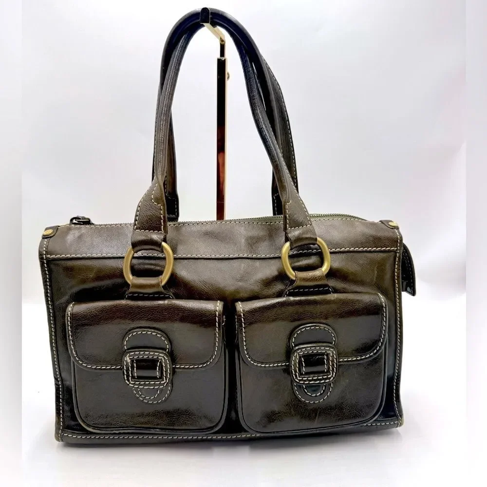 Auth Celine Vintage Olive Green Polished Leather Tote Bag Purse Handbag Preloved